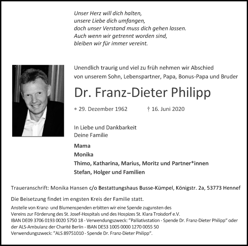  Traueranzeige für Franz-Dieter Philipp vom 20.06.2020 aus Kölner Stadt-Anzeiger / Kölnische Rundschau / Express