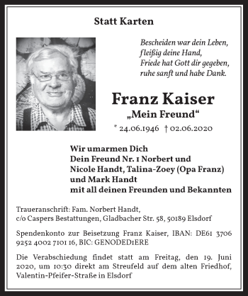 Anzeige von Franz Kaiser von  Werbepost 