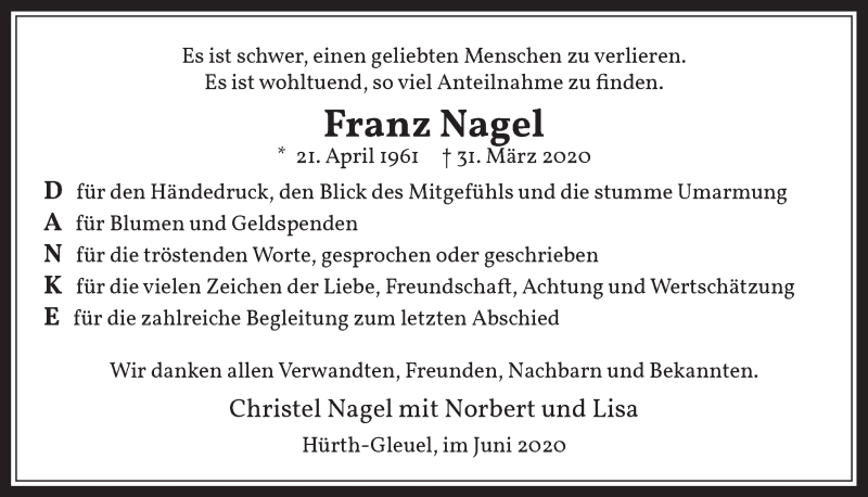  Traueranzeige für Franz Nagel vom 05.06.2020 aus  Wochenende 