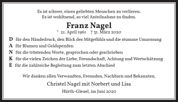 Anzeige von Franz Nagel von  Wochenende 