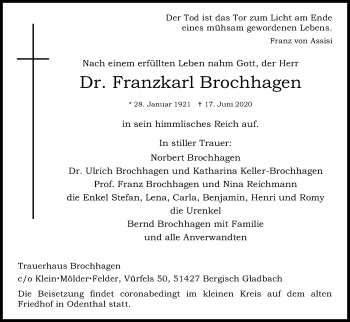 Anzeige von Franzkarl Brochhagen von Kölner Stadt-Anzeiger / Kölnische Rundschau / Express