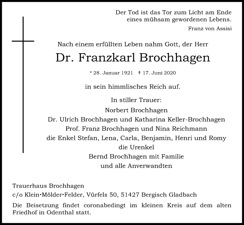  Traueranzeige für Franzkarl Brochhagen vom 27.06.2020 aus Kölner Stadt-Anzeiger / Kölnische Rundschau / Express