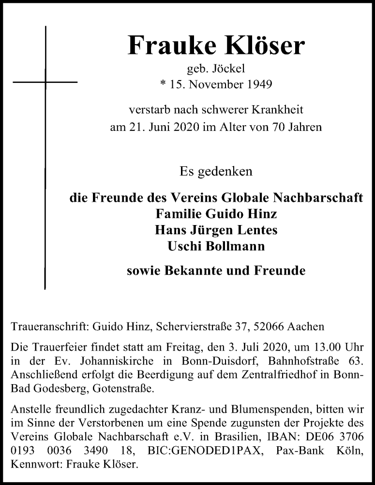  Traueranzeige für Frauke Klöser vom 27.06.2020 aus Kölner Stadt-Anzeiger / Kölnische Rundschau / Express