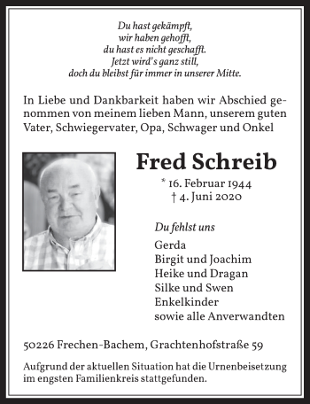 Anzeige von Fred Schreib von  Wochenende 