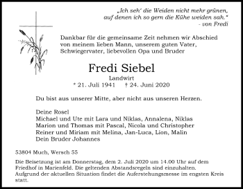 Anzeige von Fredi Siebel von Kölner Stadt-Anzeiger / Kölnische Rundschau / Express