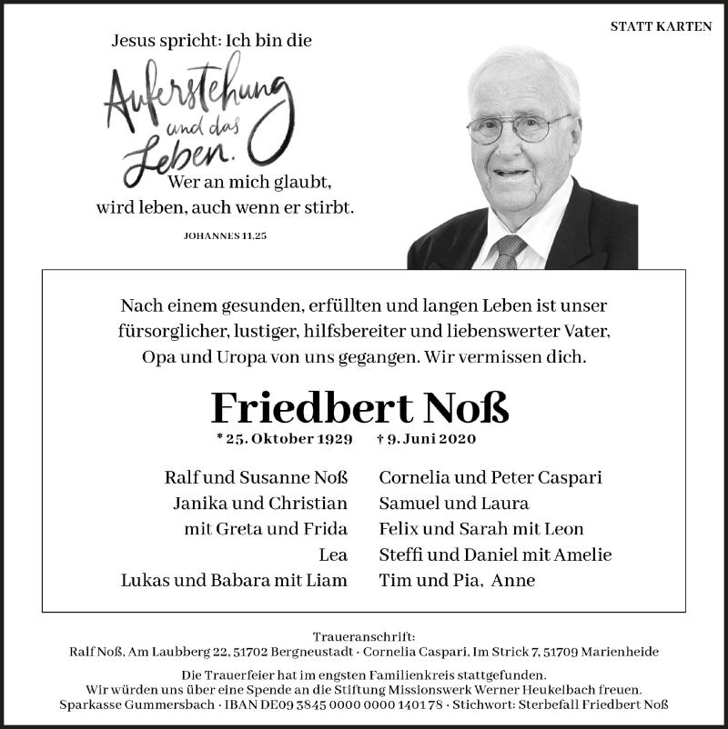  Traueranzeige für Friedbert Noß vom 19.06.2020 aus  Anzeigen Echo 