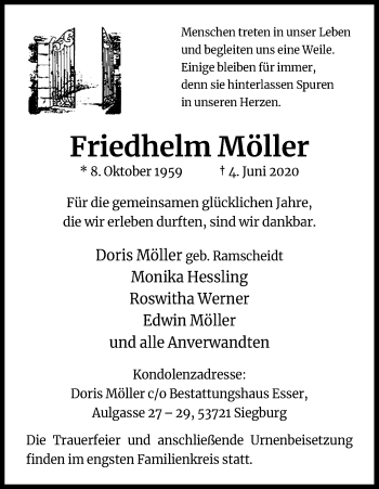 Anzeige von Friedhelm Möller von Kölner Stadt-Anzeiger / Kölnische Rundschau / Express