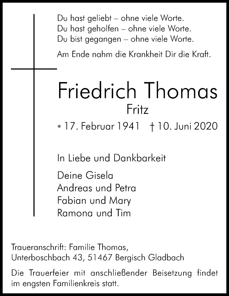  Traueranzeige für Friedrich Thomas vom 20.06.2020 aus Kölner Stadt-Anzeiger / Kölnische Rundschau / Express