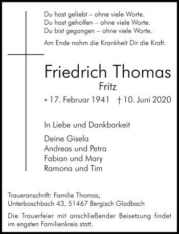 Anzeige von Friedrich Thomas von  Bergisches Handelsblatt 