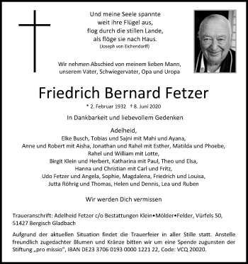 Anzeige von Friedrich Bernard Fetzer von Kölner Stadt-Anzeiger / Kölnische Rundschau / Express