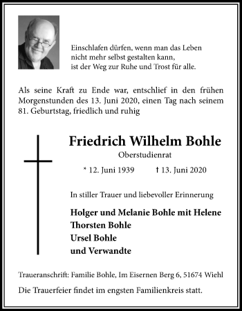 Anzeige von Friedrich Wilhelm Bohle von Kölner Stadt-Anzeiger / Kölnische Rundschau / Express