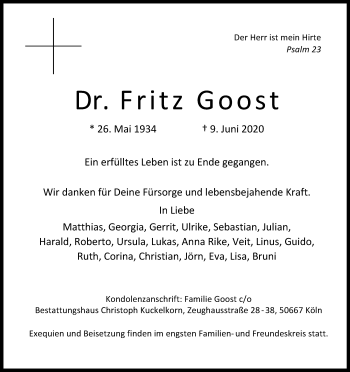 Anzeige von Fritz Goost von Kölner Stadt-Anzeiger / Kölnische Rundschau / Express