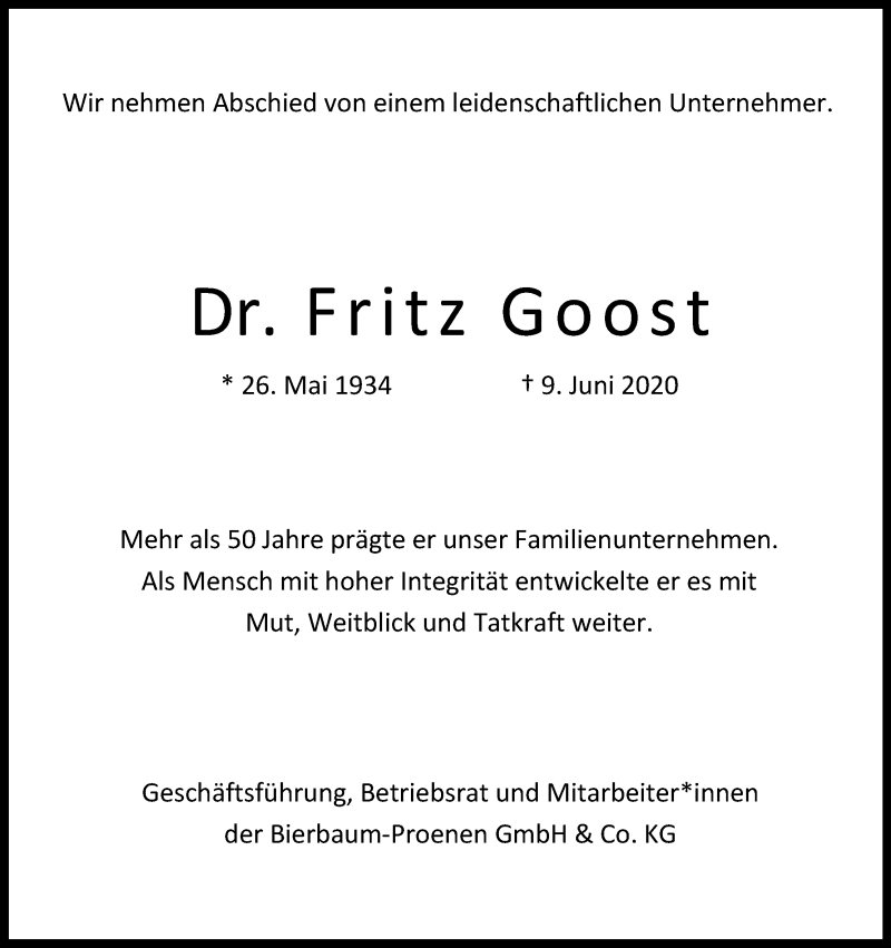  Traueranzeige für Fritz Goost vom 13.06.2020 aus Kölner Stadt-Anzeiger / Kölnische Rundschau / Express