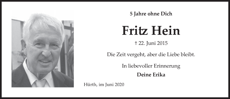  Traueranzeige für Fritz Hein vom 26.06.2020 aus  Wochenende 