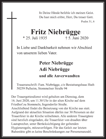 Anzeige von Fritz Niebrügge von  Wochenende 