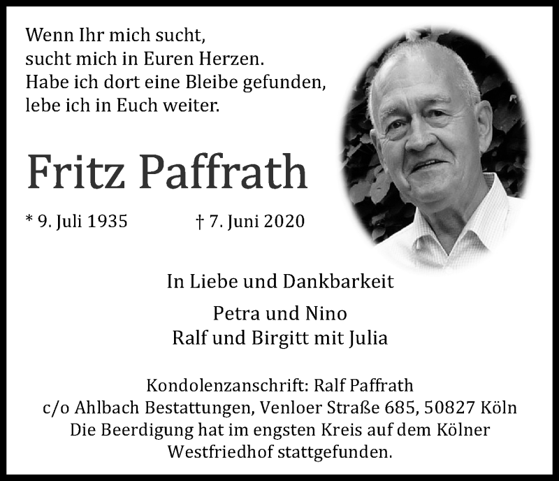  Traueranzeige für Fritz Paffrath vom 20.06.2020 aus Kölner Stadt-Anzeiger / Kölnische Rundschau / Express