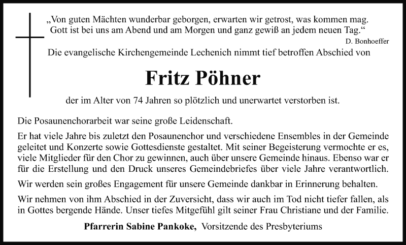  Traueranzeige für Fritz Pöhner vom 20.06.2020 aus Kölner Stadt-Anzeiger / Kölnische Rundschau / Express