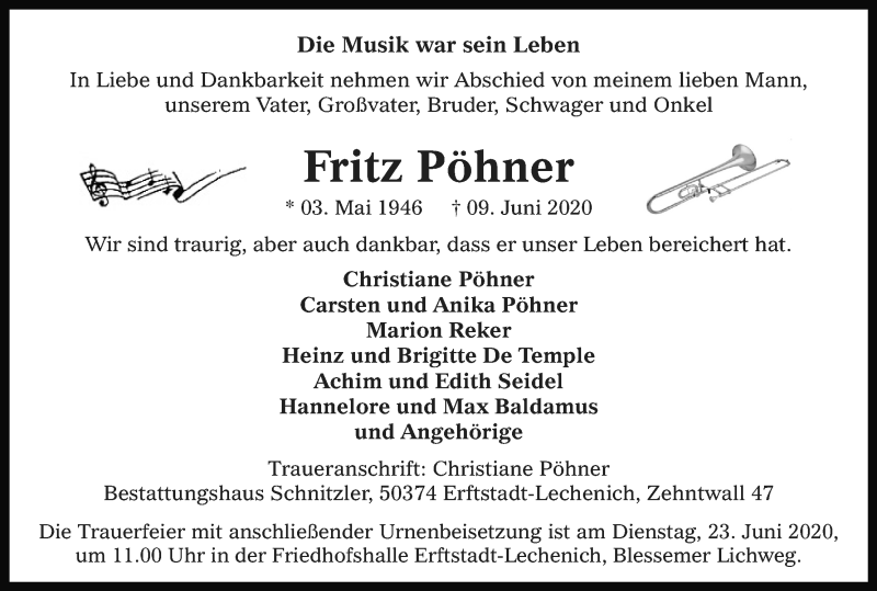  Traueranzeige für Fritz Pöhner vom 20.06.2020 aus Kölner Stadt-Anzeiger / Kölnische Rundschau / Express