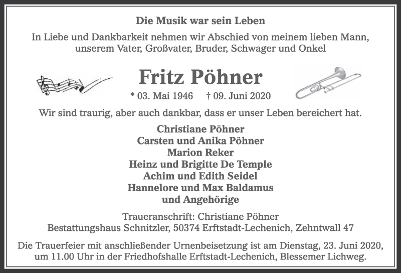  Traueranzeige für Fritz Pöhner vom 19.06.2020 aus  Werbepost 
