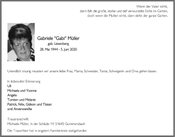 Anzeige von Gabriele  Müller von  Anzeigen Echo 