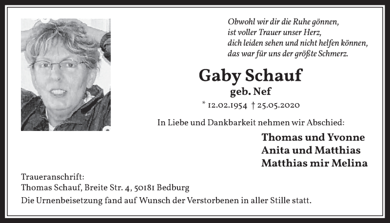  Traueranzeige für Gaby Schauf vom 05.06.2020 aus  Werbepost 
