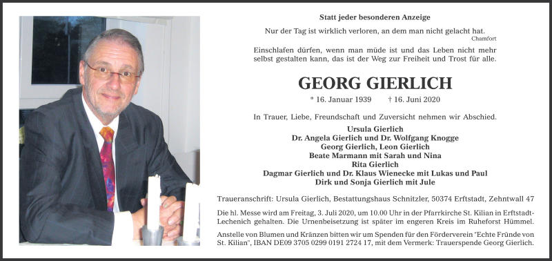  Traueranzeige für Georg Gierlich vom 27.06.2020 aus Kölner Stadt-Anzeiger / Kölnische Rundschau / Express