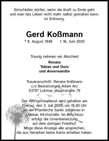 Anzeige von Gerd Koßmann von Kölner Stadt-Anzeiger / Kölnische Rundschau / Express