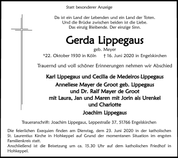 Anzeige von Gerda Lippegaus von Kölner Stadt-Anzeiger / Kölnische Rundschau / Express