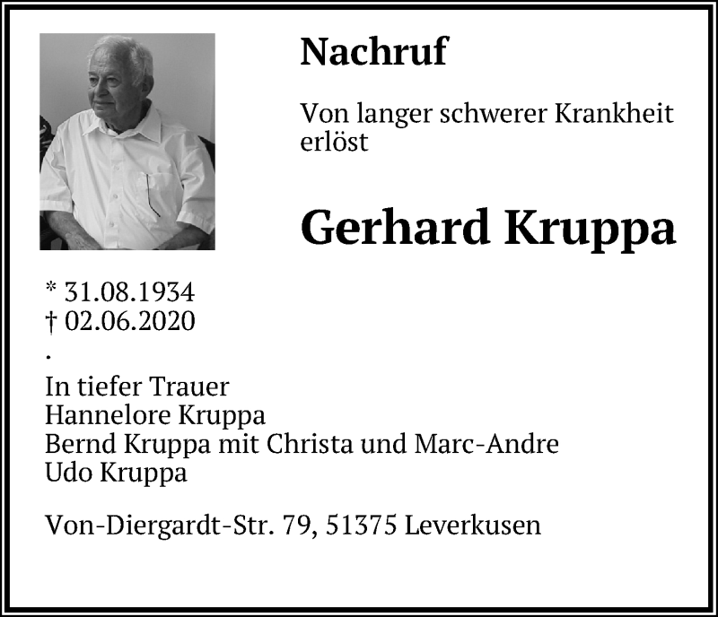  Traueranzeige für Gerhard Kruppa vom 13.06.2020 aus Kölner Stadt-Anzeiger / Kölnische Rundschau / Express