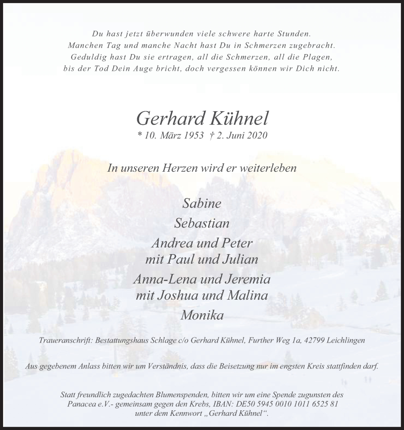  Traueranzeige für Gerhard Kühnel vom 13.06.2020 aus Kölner Stadt-Anzeiger / Kölnische Rundschau / Express