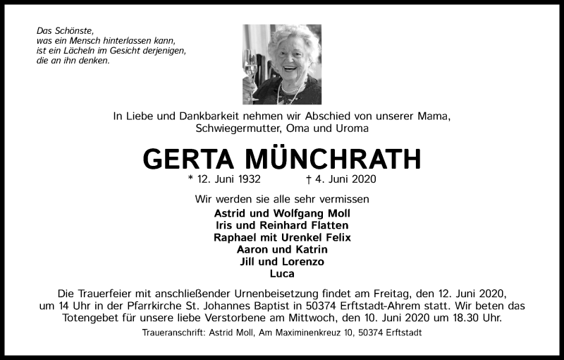  Traueranzeige für Gerta Münchrath vom 06.06.2020 aus Kölner Stadt-Anzeiger / Kölnische Rundschau / Express
