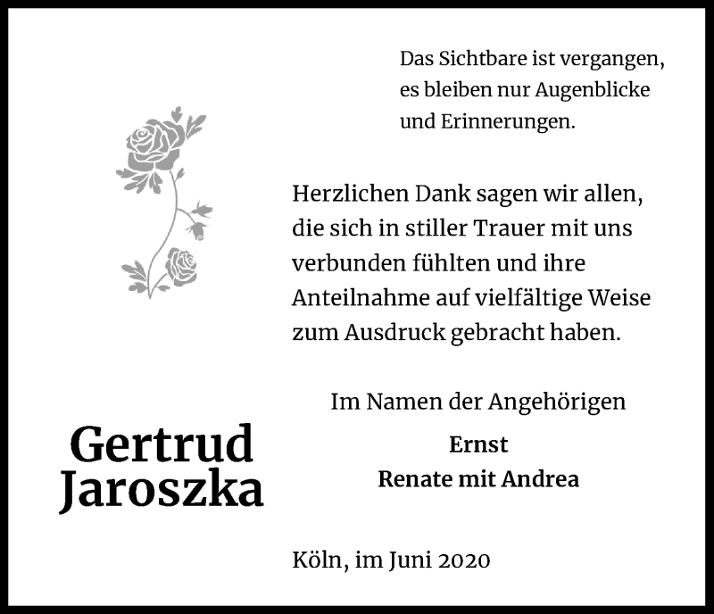  Traueranzeige für Gertrud Jaroszka vom 20.06.2020 aus Kölner Stadt-Anzeiger / Kölnische Rundschau / Express