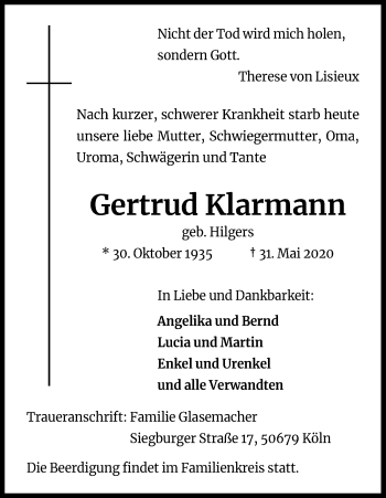Anzeige von Gertrud Klarmann von Kölner Stadt-Anzeiger / Kölnische Rundschau / Express