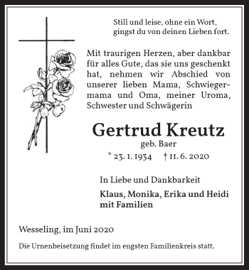Anzeige von Gertrud Kreutz von  Schlossbote/Werbekurier 