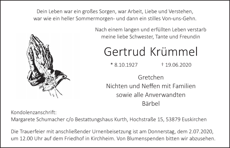  Traueranzeige für Gertrud Krümmel vom 27.06.2020 aus  Blickpunkt Euskirchen 