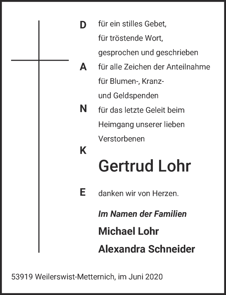  Traueranzeige für Gertrud Lohr vom 20.06.2020 aus  Blickpunkt Euskirchen 