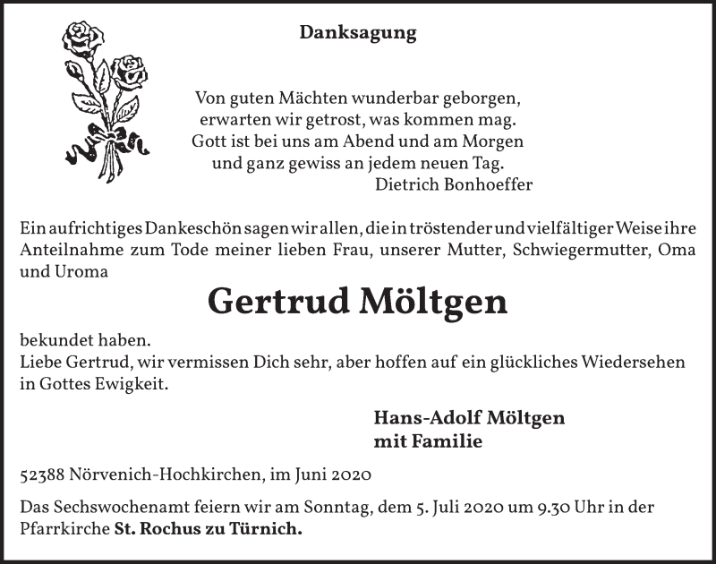  Traueranzeige für Gertrud Möltgen vom 26.06.2020 aus  Werbepost 