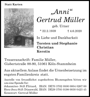 Anzeige von Gertrud Müller von Kölner Stadt-Anzeiger / Kölnische Rundschau / Express