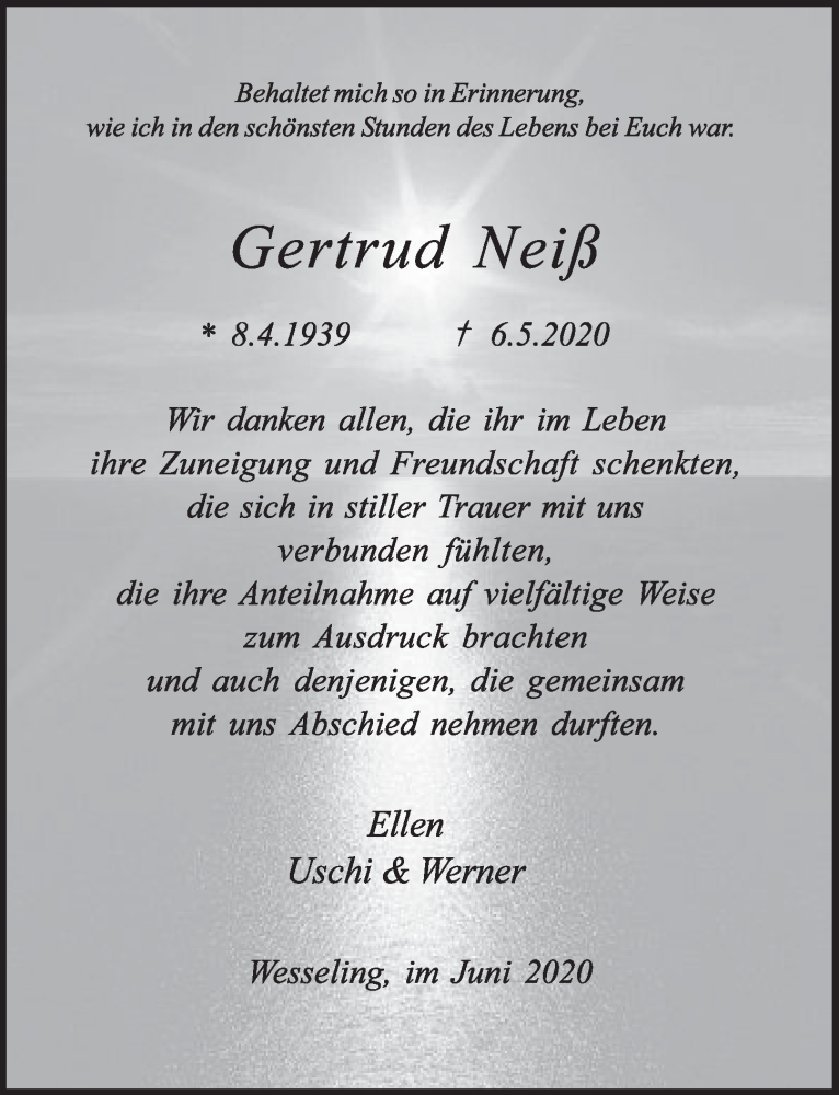  Traueranzeige für Gertrud Neiß vom 19.06.2020 aus  Schlossbote/Werbekurier 