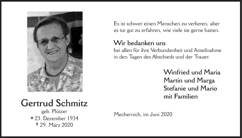  Traueranzeige für Gertrud Schmitz vom 20.06.2020 aus  Blickpunkt Euskirchen 