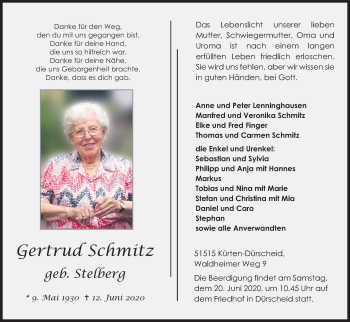 Anzeige von Gertrud Schmitz von Kölner Stadt-Anzeiger / Kölnische Rundschau / Express