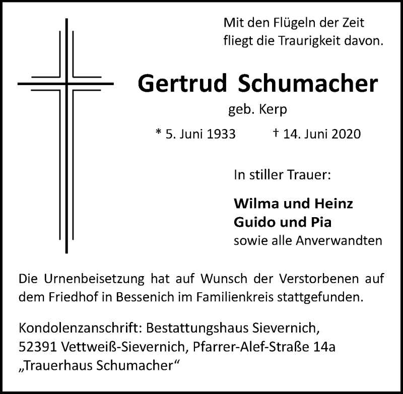  Traueranzeige für Gertrud Schumacher vom 20.06.2020 aus  Blickpunkt Euskirchen 