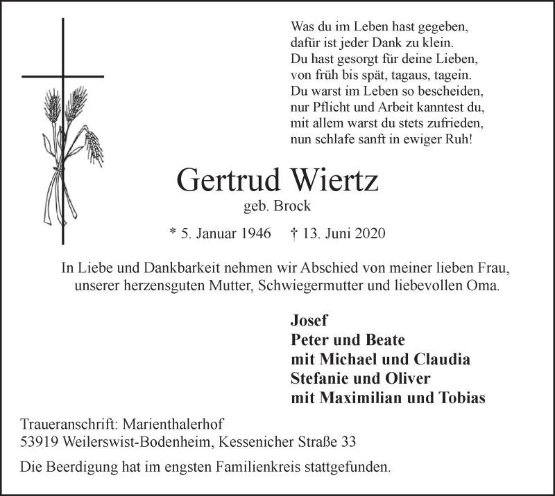  Traueranzeige für Gertrud Wiertz vom 27.06.2020 aus  Blickpunkt Euskirchen 