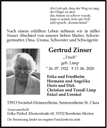 Anzeige von Gertrud Zinser von  Schaufenster/Blickpunkt  Schlossbote/Werbekurier 