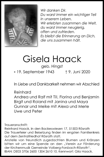 Anzeige von Gisela Haack von Kölner Stadt-Anzeiger / Kölnische Rundschau / Express
