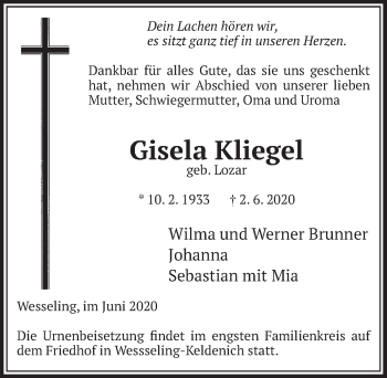 Anzeige von Gisela Kliegel von  Schlossbote/Werbekurier 