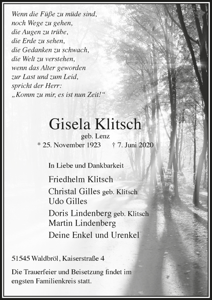  Traueranzeige für Gisela Klitsch vom 19.06.2020 aus  Lokalanzeiger 