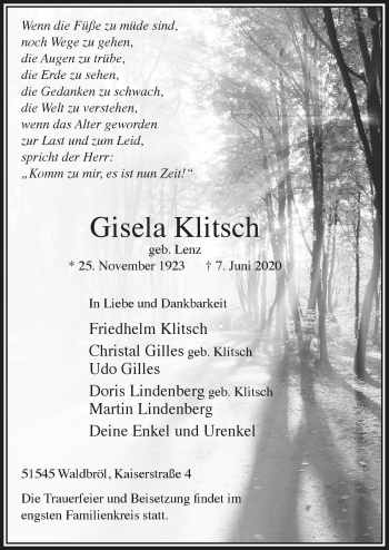 Anzeige von Gisela Klitsch von  Lokalanzeiger 