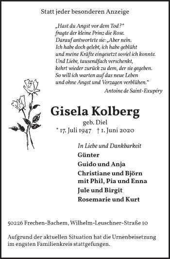 Anzeige von Gisela Kolberg von  Wochenende 