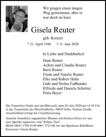 Anzeige von Gisela Reuter von Kölner Stadt-Anzeiger / Kölnische Rundschau / Express